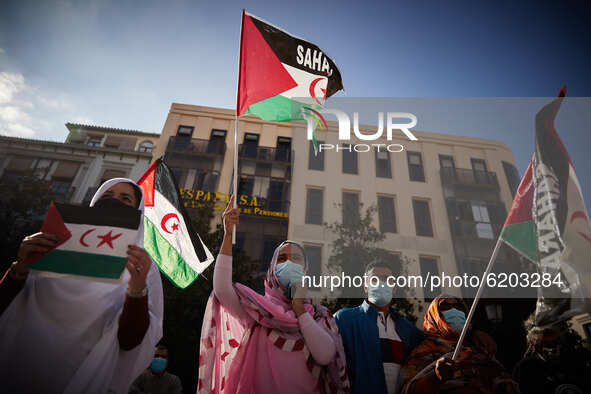 A woman waves a Saharan flag with text ‘Free Sahara’ during a demonstration to demand the end of Morocco's occupation in Western Sahara, in...