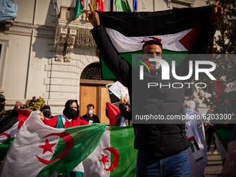 A man carrying a Saharan flag during a demonstration to demand the end of Morocco's occupation in Western Sahara, in support of the Polisari...