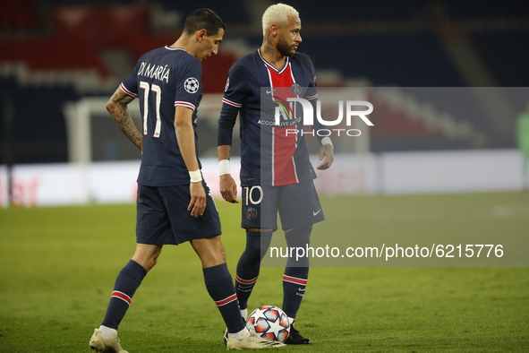 Paris Saint-Germain's Angel Di Maria and Neymar during the UEFA Champions League Group H second-leg football match between Paris Saint-Germa...