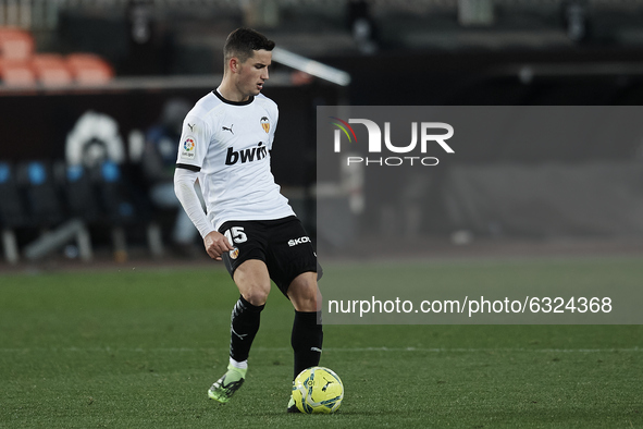 Hugo Guillamon of Valencia in action during the La Liga Santander match between Valencia CF and Cadiz CF at Estadio Mestalla on January 4, 2...