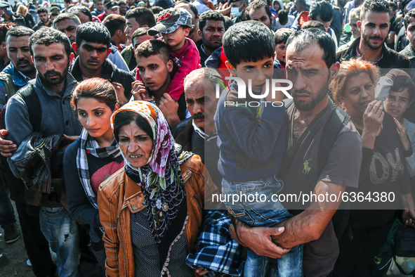 Migrants are waiting to enter to the transfer camp in Opatovac near border crossing point between Serbia and Croatia. Opatovac, Croatia. Sep...