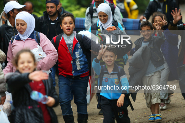 Refugees arrive at the Serbia-Croatia border, between Berkasovo and Bapska on September 26, 2015. A record number of refugees from the Middl...