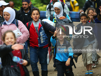 Refugees arrive at the Serbia-Croatia border, between Berkasovo and Bapska on September 26, 2015. A record number of refugees from the Middl...