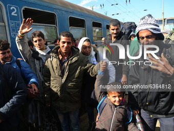 Migrants arrive by train to Hegyeshalom train station close to the Hungarian-Austrian border. Hegyeshalom, Hungary on 28 September 2015. A r...