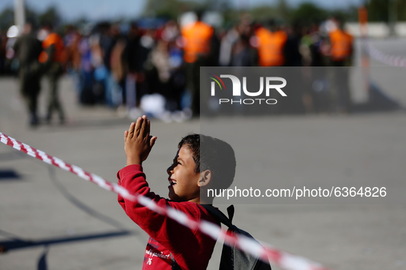 A refugee boy is seen at the Hungarian-Austrian border between Hegyeshalom and Nickelsdorf on 28 September 2015. A record number of refugees...