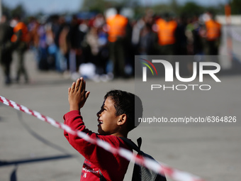 A refugee boy is seen at the Hungarian-Austrian border between Hegyeshalom and Nickelsdorf on 28 September 2015. A record number of refugees...