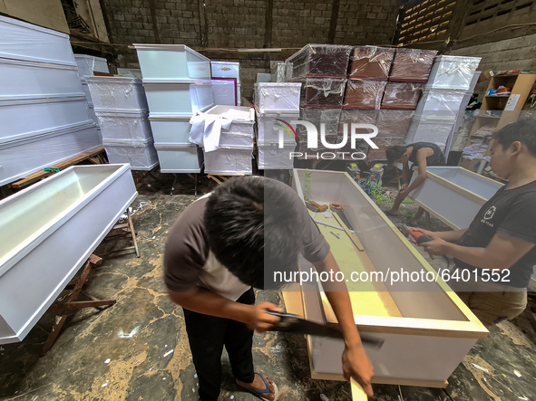 Coffin for Covid19 victim in Indonesia produced by Hakari Furniture at Tangerang, Banten, Indonesia, on February 2, 2021. The company produc...