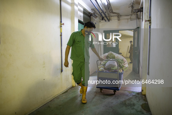 An officer of Orang Utan cage bring food supply at the cage. During pandemic covid19 Zoo Animal Garden at South Jakarta close down to public...