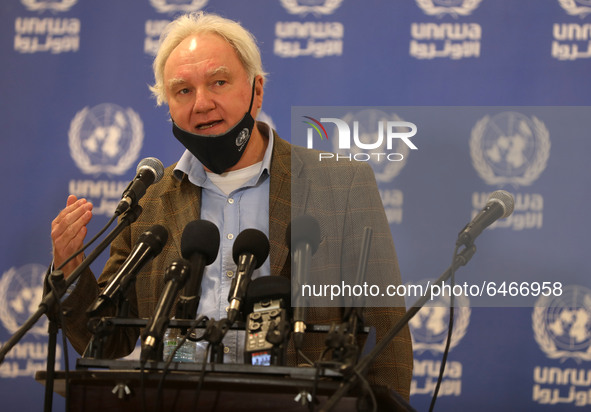 Matthias Schmale, UNRWA's Gaza director, speaks before receiving a dose of coronavirus disease (COVID-19) in Gaza City, on February 24, 2021...