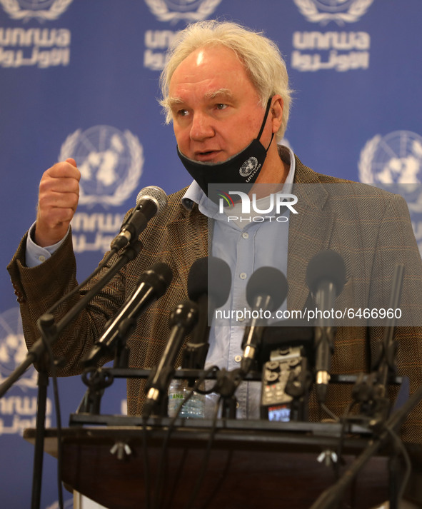 Matthias Schmale, UNRWA's Gaza director, speaks before receiving a dose of coronavirus disease (COVID-19) in Gaza City, on February 24, 2021...