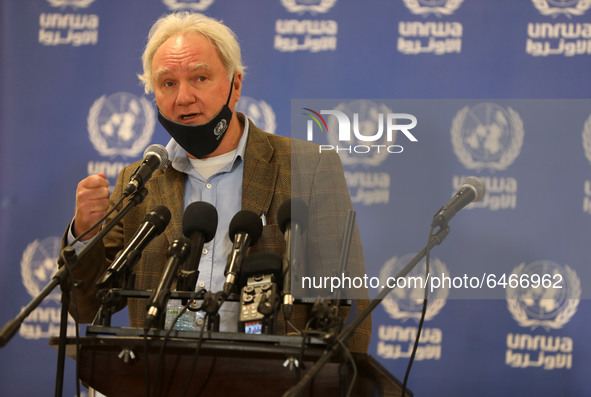 Matthias Schmale, UNRWA's Gaza director, speaks before receiving a dose of coronavirus disease (COVID-19) in Gaza City, on February 24, 2021...