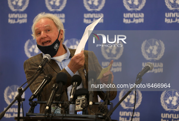 Matthias Schmale, UNRWA's Gaza director, speaks before receiving a dose of coronavirus disease (COVID-19) in Gaza City, on February 24, 2021...