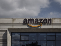 Amazon's logo on March 22, 2021 outside the Amazon plant in Arzano in Naples, Italy, on March 22, 2021. The national strike is in protest ag...