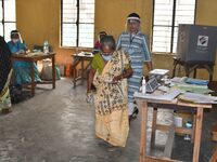 A  elderly women voters after casting ballot  in the first  phase of polling for Assam Assembly Elections, at  Rupohi   constituency in Naga...