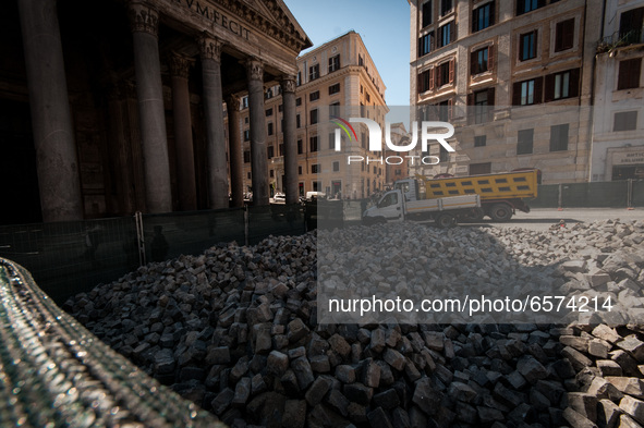 View of the redevelopment and extraordinary maintenance of the squares and streets of the Historic Centre in Rome, Italy on March 30, 202. T...