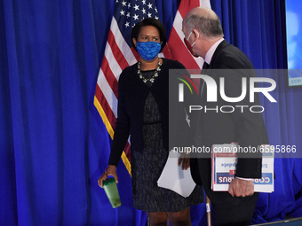 DC Mayor Muriel Bowser and DC Council Chairman Phil Mendelson finish a press conference about Covid19 Vaccines, Capitol Security and Homeles...