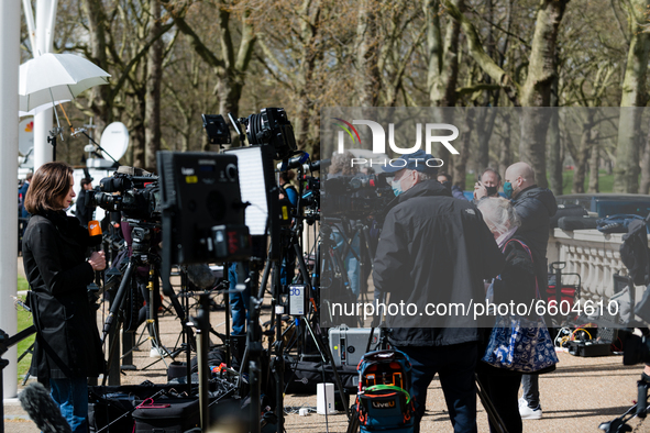 International media outside Buckingham Palace after it was announced that Britain's Prince Philip, husband of Queen Elizabeth, has died at t...