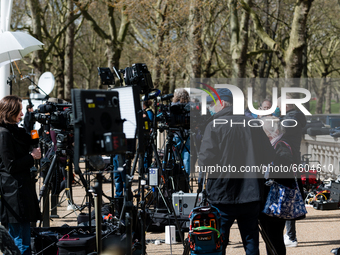 International media outside Buckingham Palace after it was announced that Britain's Prince Philip, husband of Queen Elizabeth, has died at t...