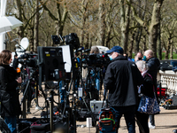 International media outside Buckingham Palace after it was announced that Britain's Prince Philip, husband of Queen Elizabeth, has died at t...