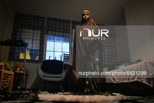 Ifrah Ahmed, a Somali-Irish living in Dublin, during Maghrib, the fourth of the five required daily prayers, inside her apartment on the sec...