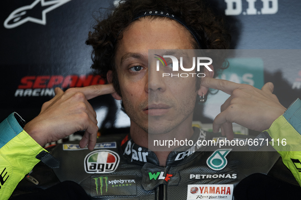 Valentino Rossi (46) of Italy and Petronas Yamaha SRT sitting inside his box during the qualifying of Gran Premio Red Bull de España at Circ...