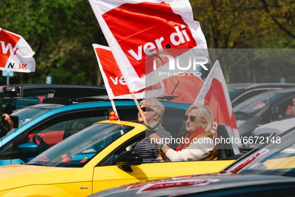 genereal view of Drive in labor day rally organized by DGB in Duesseldorf, Germany on May 1, 2021 