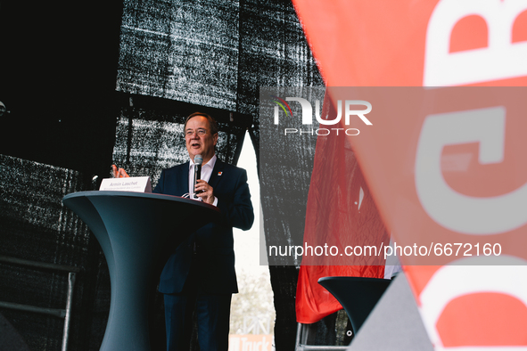 Prime Minister Armin Laschet speaks to the crowd during the drive in labor day rally in Duesseldorf, germany on May 1, 2021 