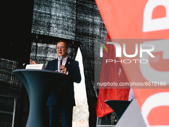 Prime Minister Armin Laschet speaks to the crowd during the drive in labor day rally in Duesseldorf, germany on May 1, 2021 (