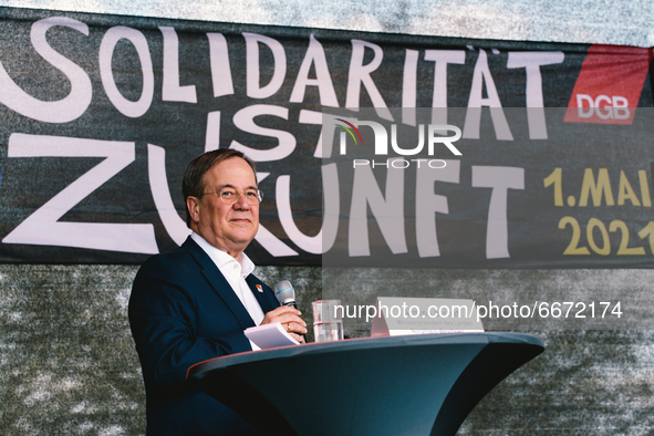Prime Minister Armin Laschet speaks to the crowd during the drive in labor day rally in Duesseldorf, germany on May 1, 2021 