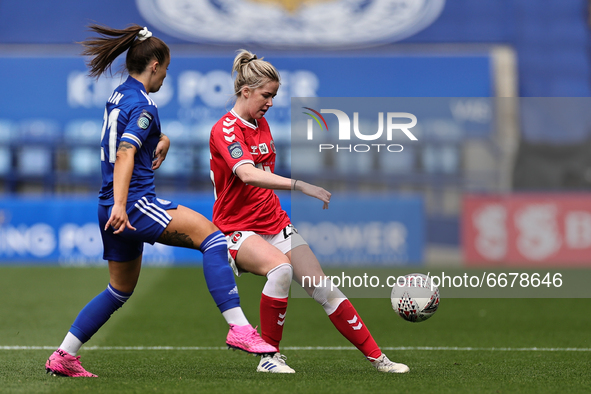  Lois Heuchan of Charlton Athletic (R) clears the ball under pressure from Hannah Cain of Leicester City during the FA Women's Championship...