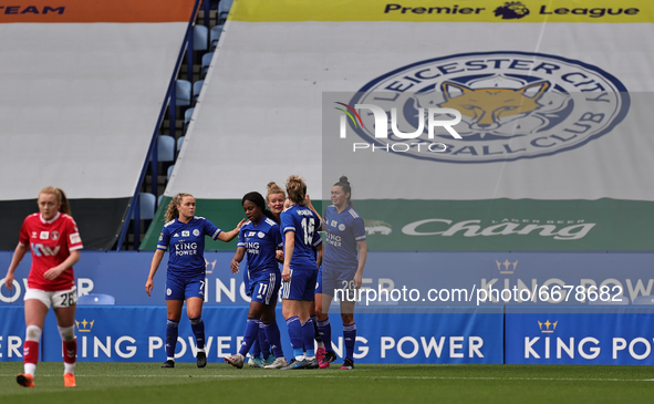  Hannah Cain of Leicester City celebrates with teammates after scoring the her sides second goal the match during the FA Women's Championshi...