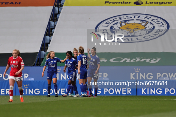  Hannah Cain (obscured) of Leicester City celebrates with teammates after scoring her sides second goal of the match during the FA Women's C...