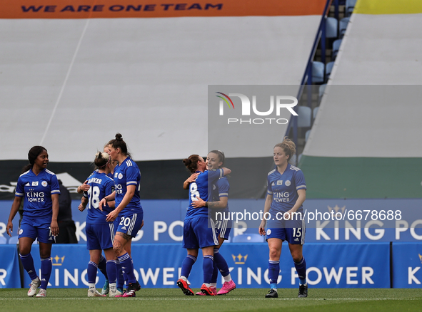  Hannah Cain of Leicester City celebrates with teammates after scoring her sides second goal of the match during the FA Women's Championship...