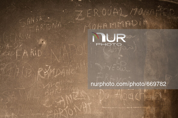 Testimonials written on the walls of all migrants moved from here, in Mortola Superirio, Case Gina, an historic site storage of migrants, in...