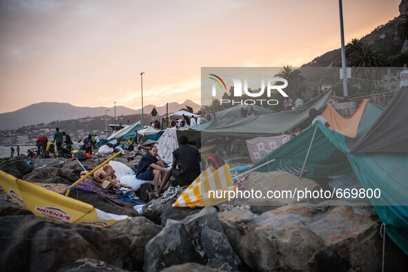 Migrants in the city of Ventimiglia, on the French-Italian border, on June 23, 2015. The situation of migrants camped in Ventimiglia has not...