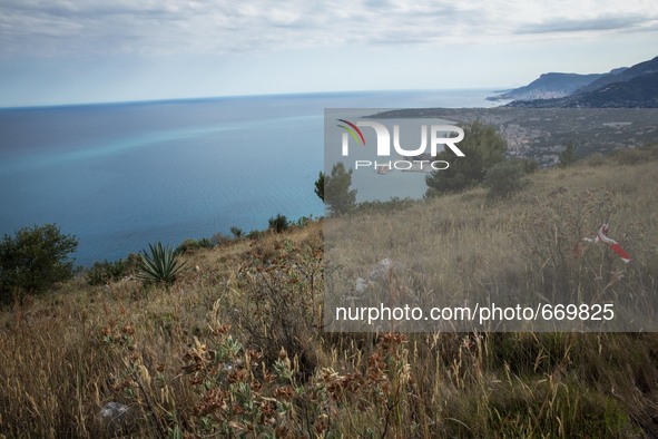 A view of Mentone coast from the "Trail of Death", on June 24, 2015. The situation of migrants camped in Ventimiglia has not changed except...