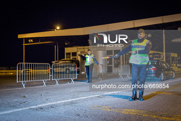 French police on Italy-French border, on June 27, 2015. The situation of migrants camped in Ventimiglia has not changed except for the numbe...