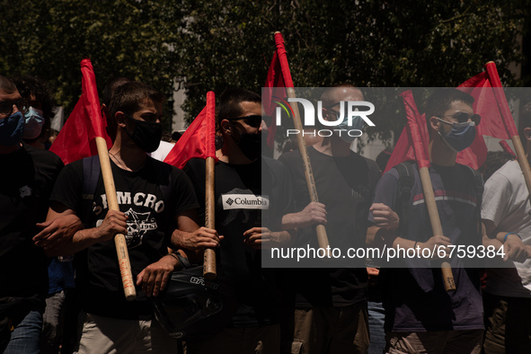 Students holding a flags during a protest  in Athens, Greece, on May 27, 2021. 