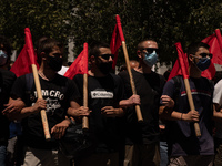 Students holding a flags during a protest  in Athens, Greece, on May 27, 2021. (