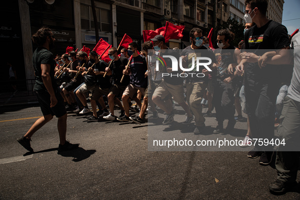 Students during a protest at the center in Athens, Greece, on May 27, 2021. 