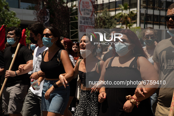 A student shouting slogans during a protest in Athens, Greece, on May 27, 2021. 