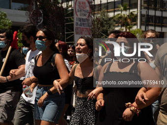 A student shouting slogans during a protest in Athens, Greece, on May 27, 2021. (