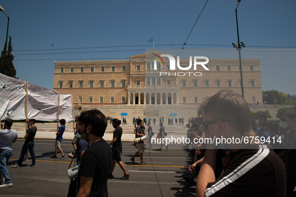  Students are walking outside the Parliament in Athens, Greece, on May 27, 2021. 