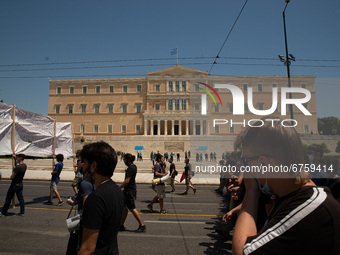  Students are walking outside the Parliament in Athens, Greece, on May 27, 2021. (