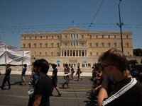  Students are walking outside the Parliament in Athens, Greece, on May 27, 2021. (