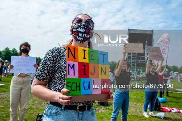 A student is holding a placard that says in Dutch it's not my fault, during the Nationwide student strike, organized in The Hague, Netherlan...