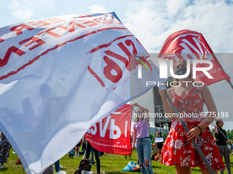 Students are holding flags from student syndicates, during the Nationwide student strike, organized in The Hague, Netherlands on June 3rd, 2...