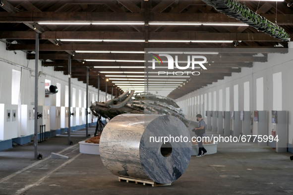 An artwork by Chinese artist Ai Weiwei is pictured during a press preview of his new exhibition 'Rapture'  at the Cordoaria Nacional in Lisb...