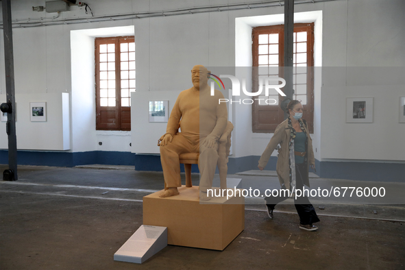 Chinese artist Ai Weiwei Brainless Figure in Cork" self-portrait sculpture made of cork is seen during a press preview of his new exhibition...