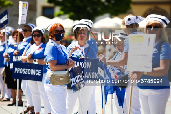 Polish nurses and midwives protest during Warning Strike at the Main Square in Krakow, Poland, on June 7, 2021. Nurses and midwives from aro...